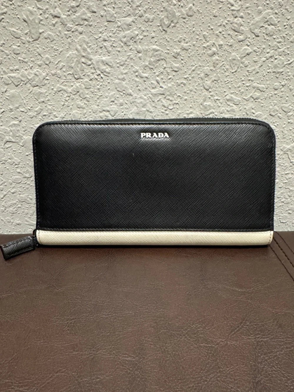 PRADA Black and White Saffiano Zip Wallet